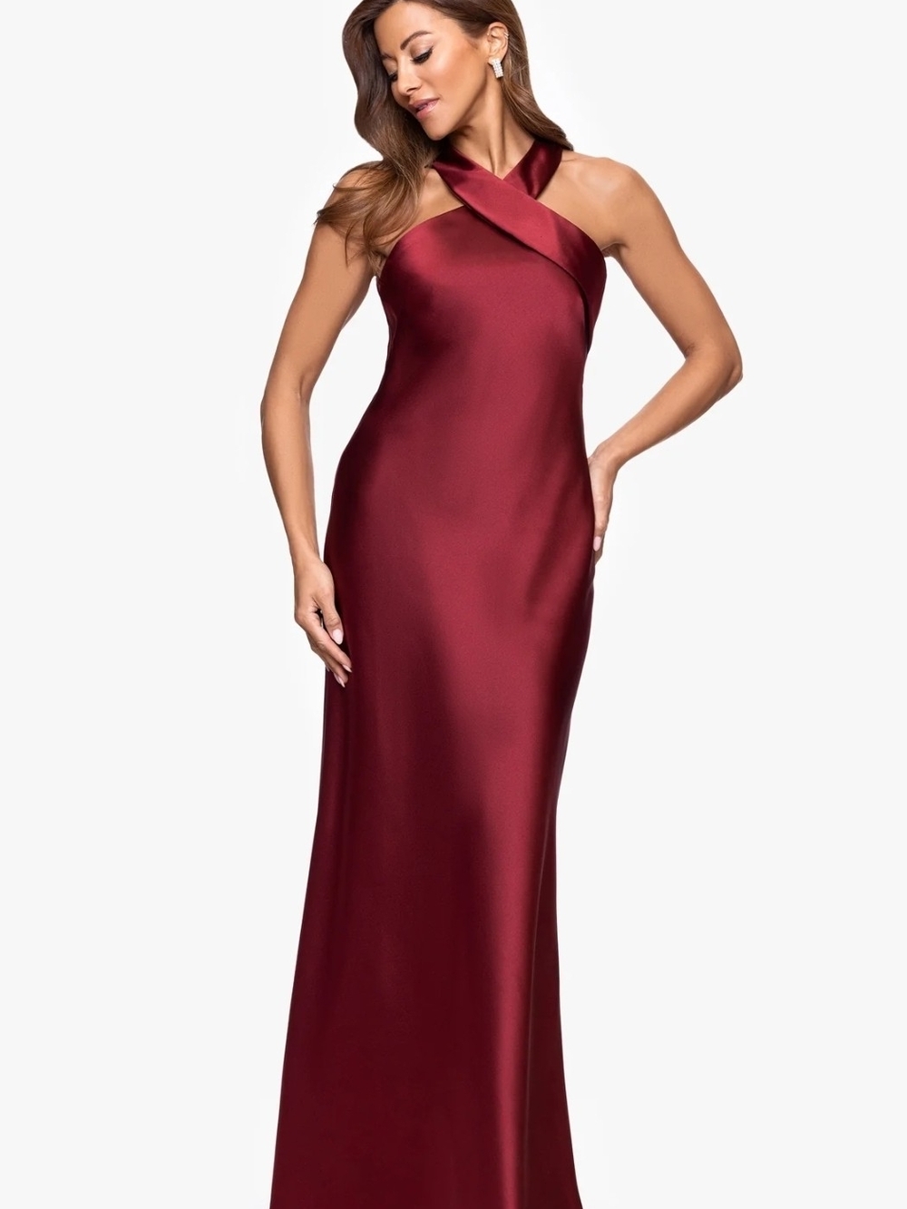 NWT Xscape Burgundy Satin Halter Evening Formal Dress Wedding Bridesmaid Sz 6